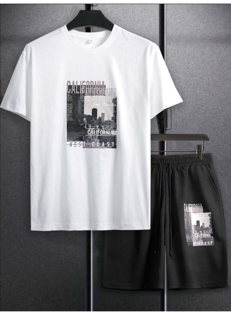 Men's Casual 2-Piece Outfit White T-Shirt and Black Shorts Set California Cityscape Graphic Print Streetwear Co-ord - Image 2